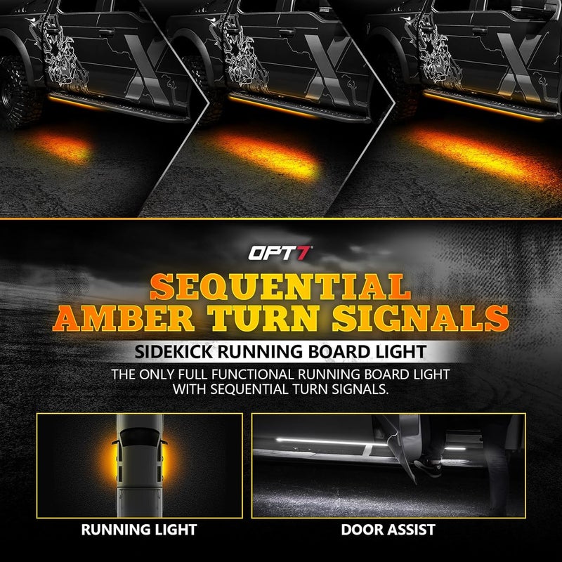 OPT7 Sidekick 86" Running Board Lights 2PCS LED Strips w/Sequential Amber Turn Signal, DRL, White Courtesy Light for Extended Crew Cab Trucks Pickup Trailer - Image 2